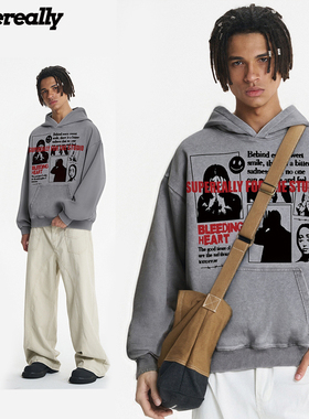 街头复古vintage做旧水洗美式潮流时尚百搭连帽卫衣 男女同款