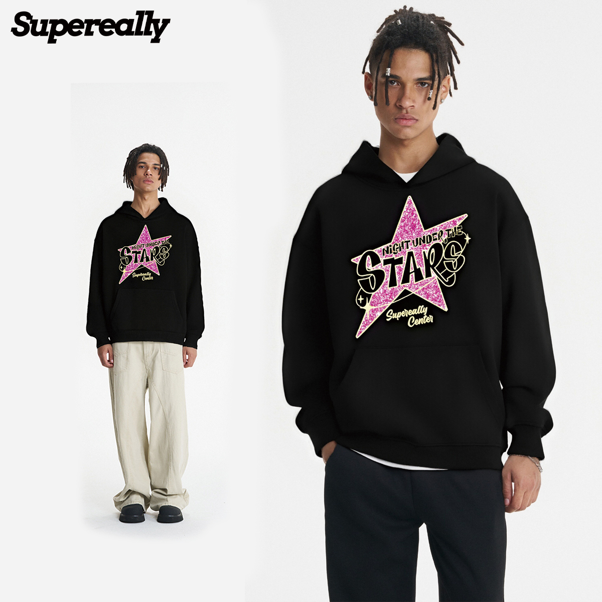 supereally潮牌星光闪耀印花个性风宽松百搭休闲男女同款连帽卫衣