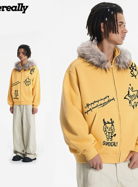 Supereally趣味印花logo美式学院风毛领座山雕连帽百搭风开衫卫衣