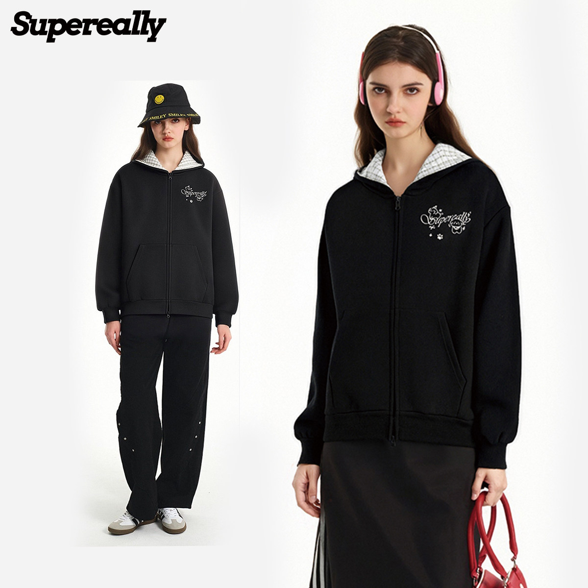SUPEREALLY可爱宅萌感连帽猫耳开衫美式百搭宽松休闲卫衣