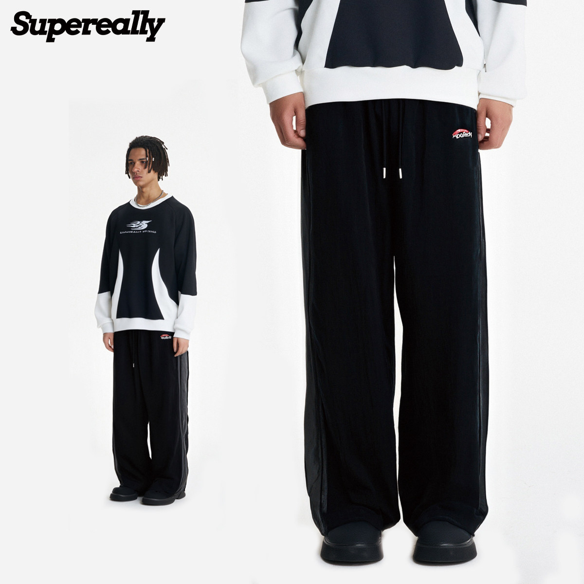 Supereally美式简约垂感字母直筒拼接撞色百搭宽松男女同款休闲裤