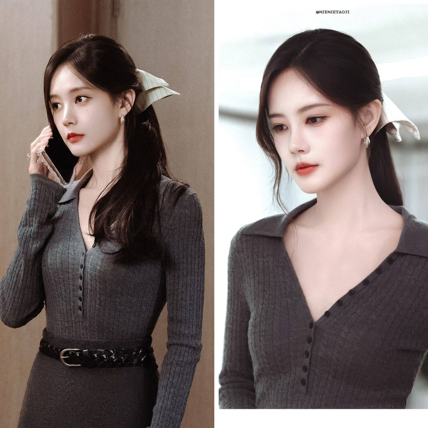 李一桐余梦美人余同款灰色麻花翻领针织衫女毛衣上衣内搭修身秋冬