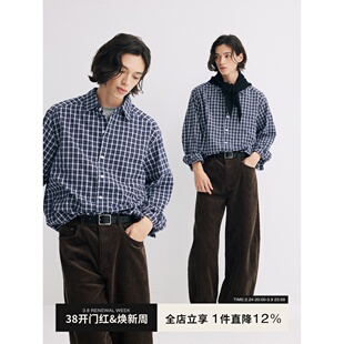 可乐生活CARPEM 设计感泡泡深蓝格子衬衫高级感休闲长袖衬衣