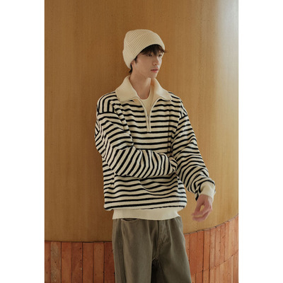 立领兔绒半高领条纹毛衣