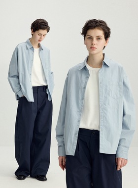 可乐生活CARPEM「棉锦混纺」春季宽松短款浅蓝色百搭长袖衬衫外套
