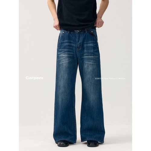 可乐生活CARPEM春夏14OZ 3D猫须宽松直筒复古做旧水洗休闲牛仔裤