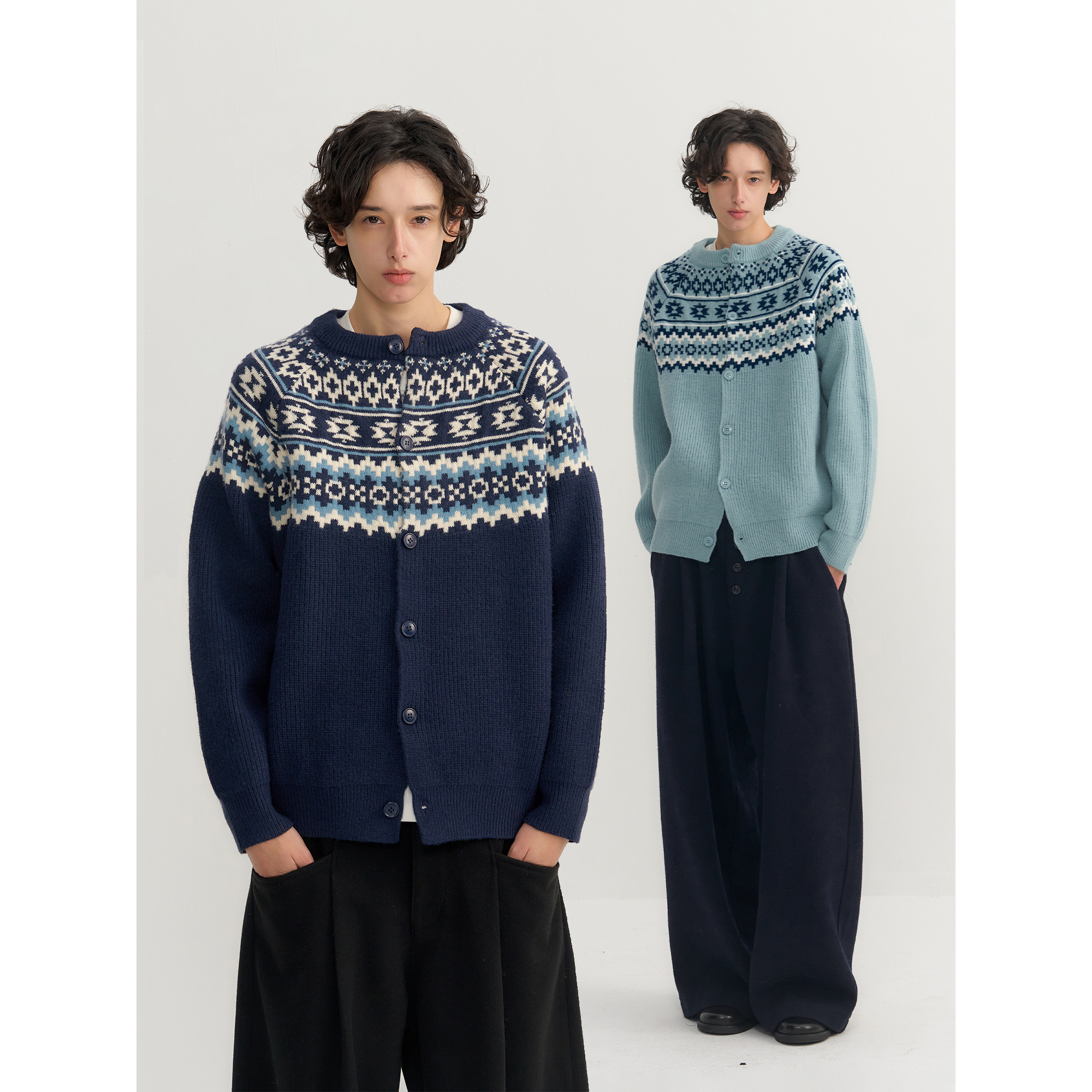 可乐生活CARPEM 4级抗起球北极绒费尔岛针织开衫冬款圆领提花毛衣