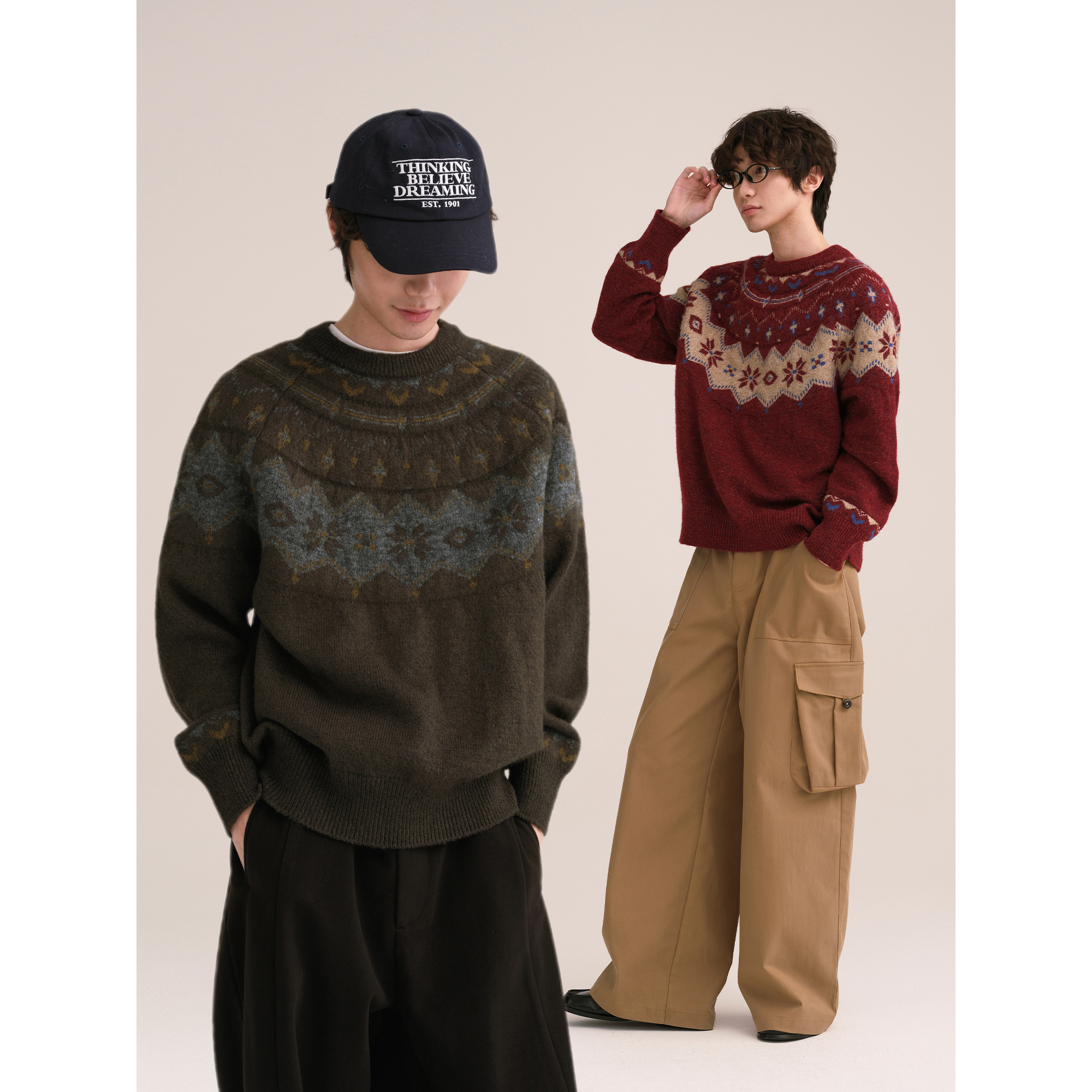 可乐生活CARPEM 羊毛混纺手绘圣诞费尔岛圆领毛衣