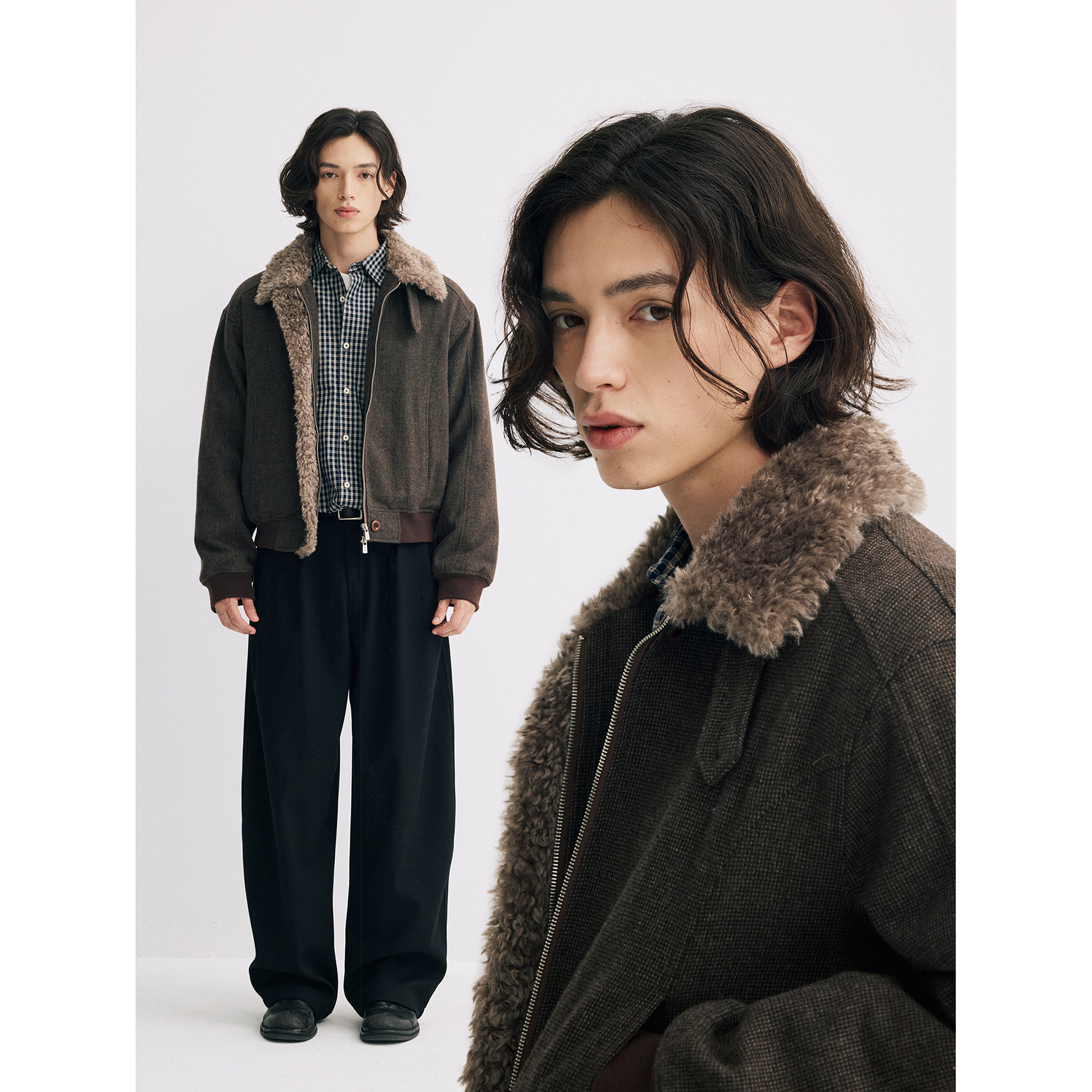 可乐生活CARPEM短款毛领棉服冬季cleanfit翻领复古羊毛厚外套夹克