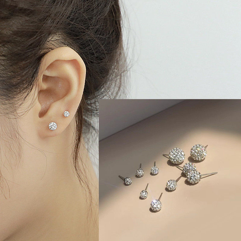 s999纯银镶钻圆球耳钉女养耳洞锆石耳钉闪女足银仿钻石小耳环潮男