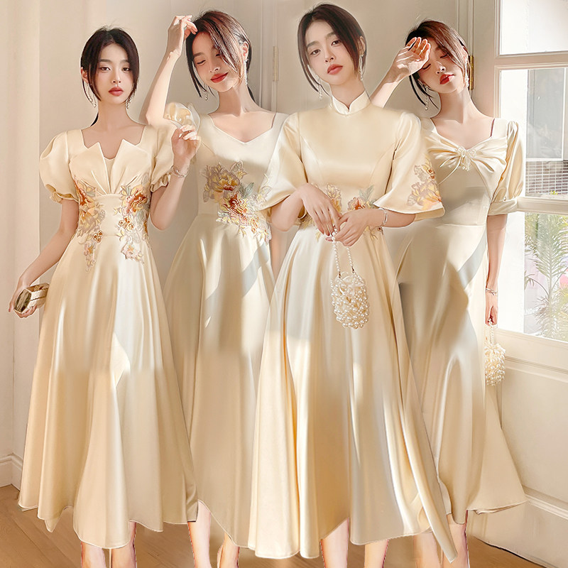 缎面伴娘服香槟色小个子高级感气质大码胖mm婚礼姐妹团礼服裙夏季