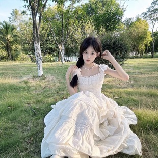 法式 海边度假生日公主裙蓬蓬蛋糕长裙裙子 绝美吊带连衣裙女装 夏季