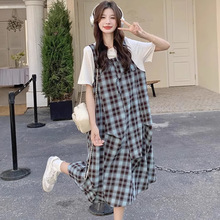 甜酷风假两件拼接格子连衣裙女2025夏新款宽松小个子裙子2716283