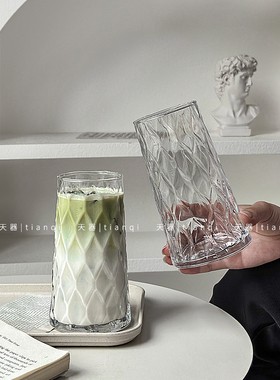 立体玻璃杯水杯杯子高颜值奶昔高款菱叶果汁杯家用咖啡牛奶拿铁杯