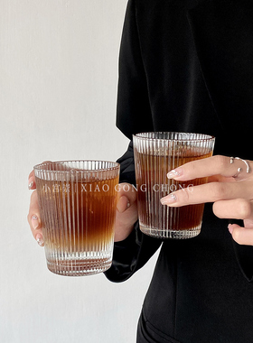 简约日系条纹玻璃杯冰美式咖啡杯ins牛奶杯茶杯家用水杯饮料杯子