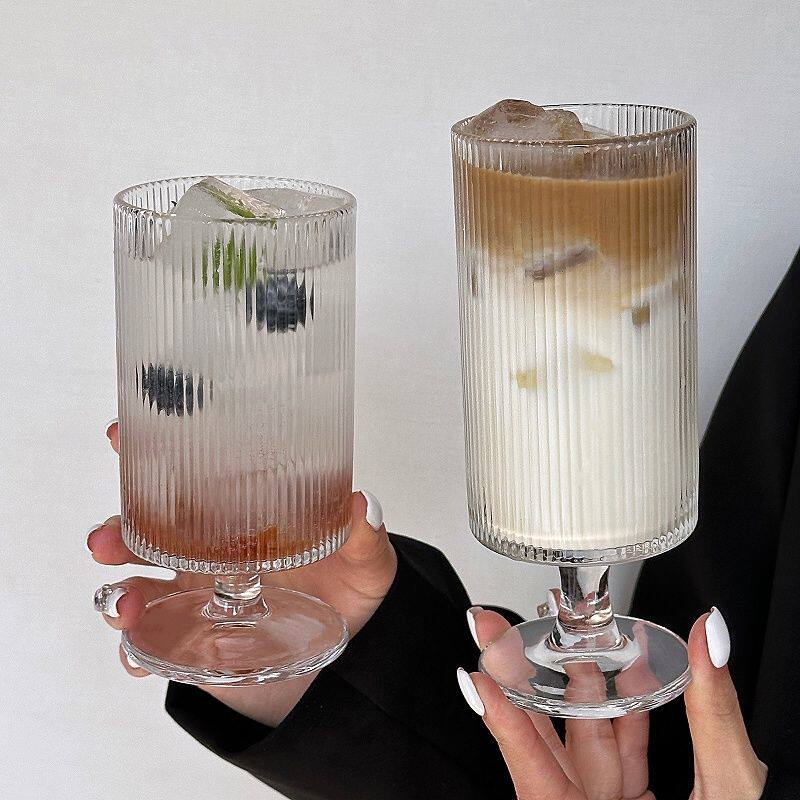 条纹直筒果汁杯氛围感高脚玻璃杯