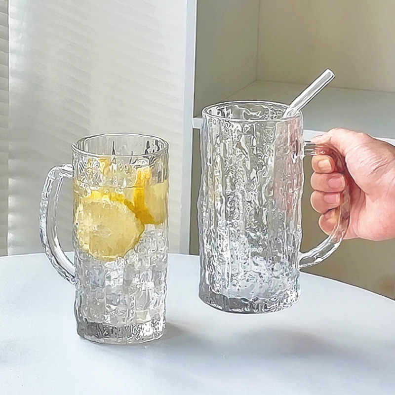 玻璃耐热带把手树纹啤酒杯果汁杯