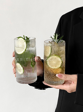 ins海棠花纹玻璃杯小众设计咖啡杯果汁杯冷饮杯家用喝水杯奶茶杯