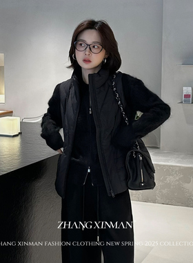 Zxm-90白鸭绒｜太空棉拼接羽绒马甲黑色立领短款女显瘦保暖605081