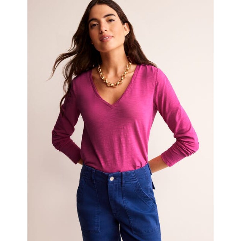 boden女士棉质v领长袖t恤英国进口女装2024春新