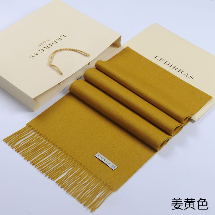 新款中老年妈妈礼物羊绒女围巾冬纯色季加厚100%羊毛围脖男姜黄色