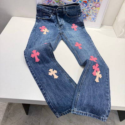 美式新款竹节粉色拼色贴皮十字架男女情侣款牛仔裤直筒修身长裤潮