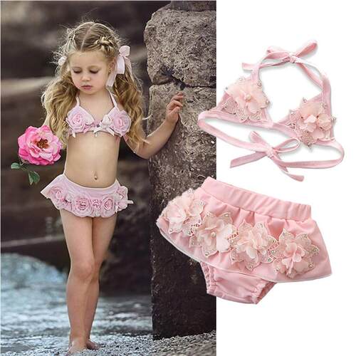 16 Years Girls Swimsuits Pink Floral Two Piece Swimwear For