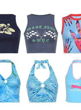 Sexy Tank Top Blue Halter Y2K Tops  Women Summer Camis Backl