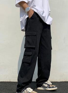 Mens Cargo Pants Solid Color MultiPockets Straight Pan