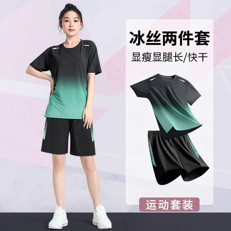 运动套装女冰丝滑跑步快速干爽短袖体育夏季大码短裤健身羽毛球服