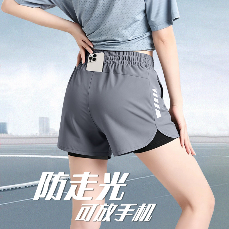 运动短裤女可放手机防走光跑步专用假两件速干冰丝内衬夏季健身裤 - 实物图