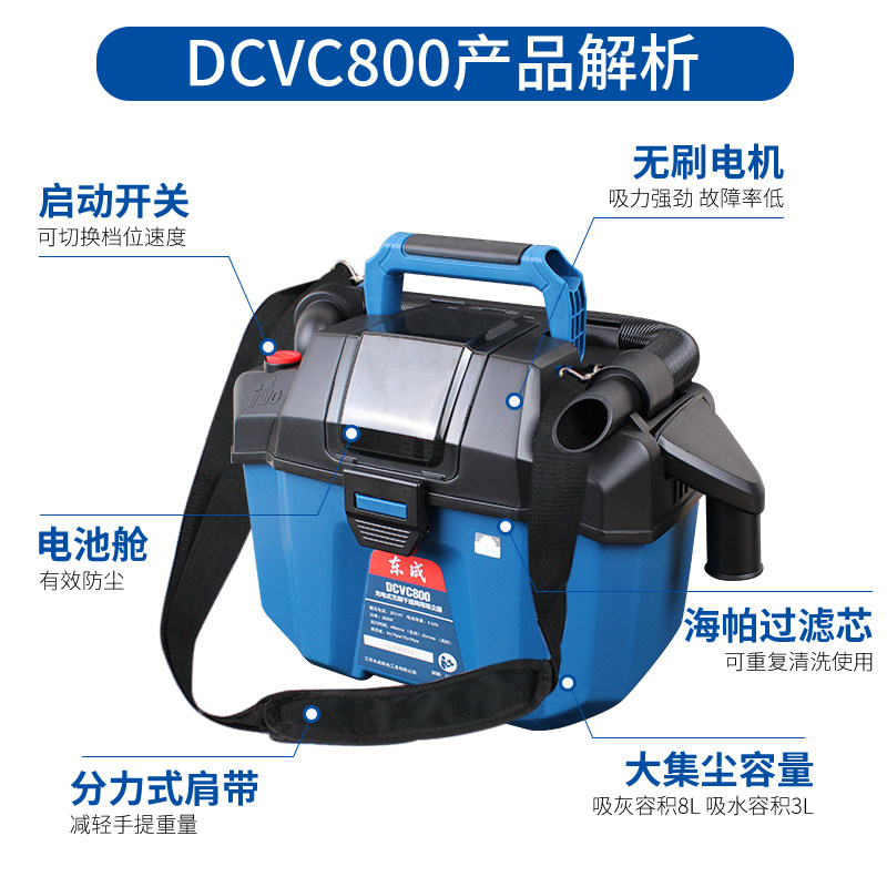 DONGCHENG 20V 리튬 배터리 진공 청소기 무선 휴대용 강력한 스트랩 산업용 먼지 제거 가정용 자동차 멀티 브러시 헤드 구성