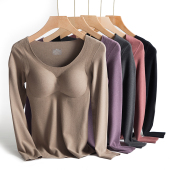 女士无痕德绒保暖内衣带胸垫套装 加绒加厚秋衣发热打底衫 秋冬上衣