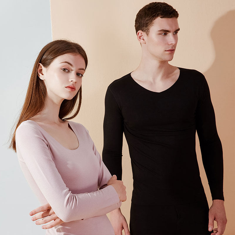 无痕德绒纤维男保暖内衣女打底衫单件上衣情侣薄款发热磨毛秋衣冬