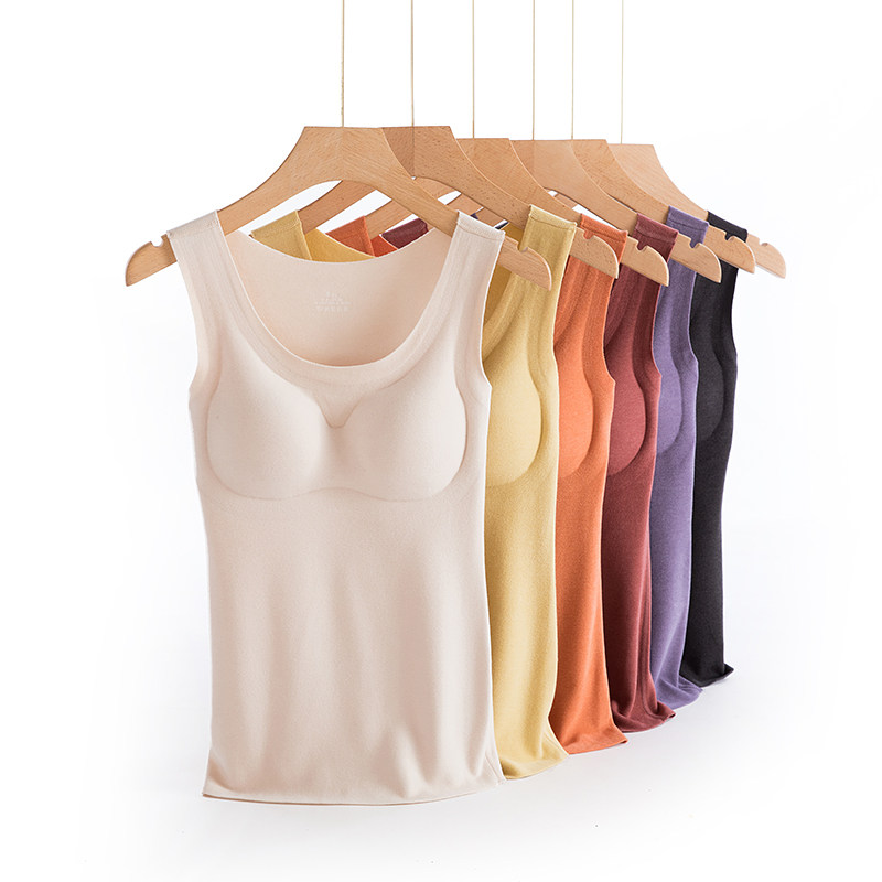 女带胸垫内搭打底内衣无痕德绒加绒加厚保暖上衣带杯一体吊带背心