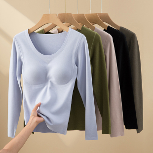 修身 低领带胸垫德绒打底衫 内搭T恤长袖 秋冬季 保暖上衣 女2024新款