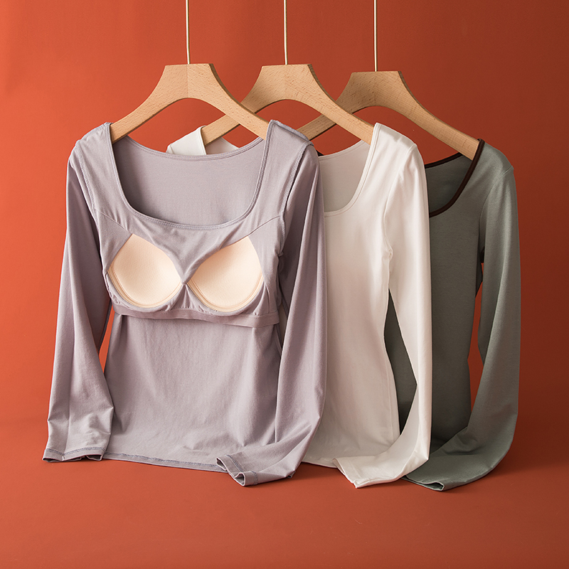莫代尔方领打底衫女带胸垫一体式