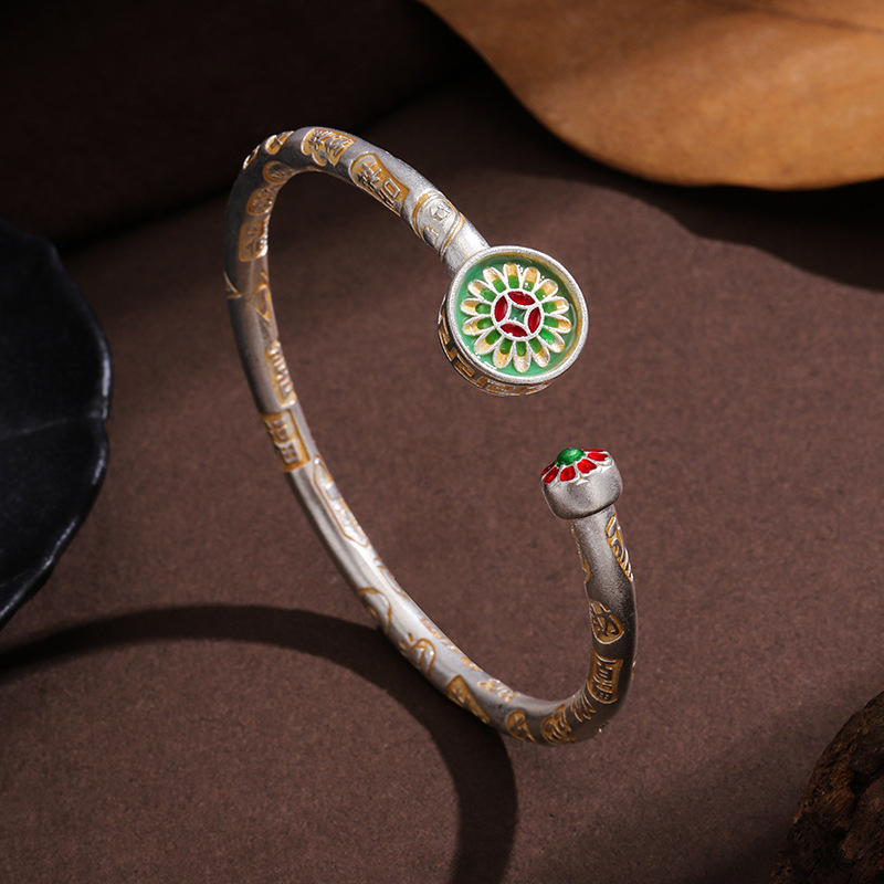 新品向日葵手镯描金珐琅彩向日葵吉言手镯女新中式轻奢开口镯子