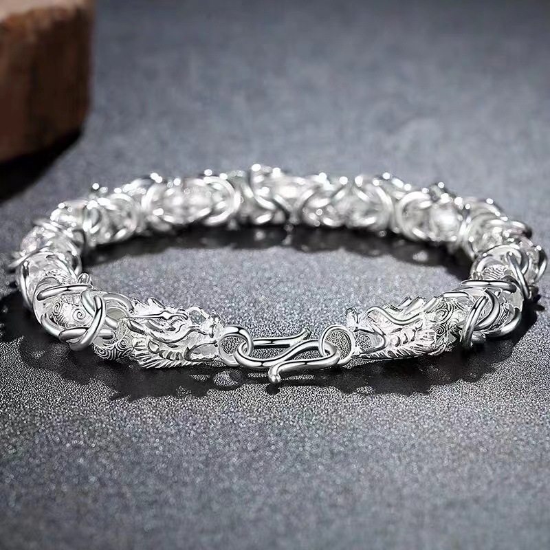 镀925银霸气男士龙头手链纯手工编织手链中国风复古手链