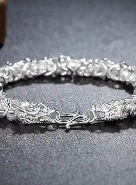 镀925银霸气男士龙头手链纯手工编织手链中国风复古手链