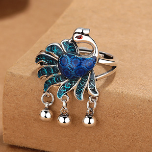 镀925银新品新款复古民族风景泰蓝珐琅流苏凤凰戒指女气质百搭滴