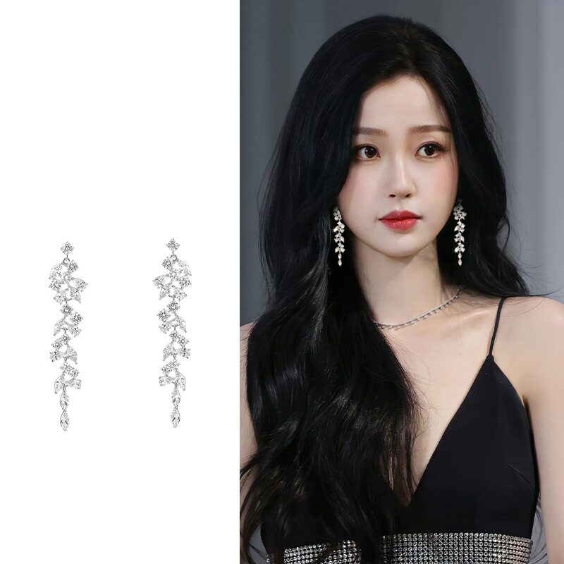 麦穗锆石流苏S999纯银耳环女2024年耳坠轻奢高级感无耳洞耳钉
