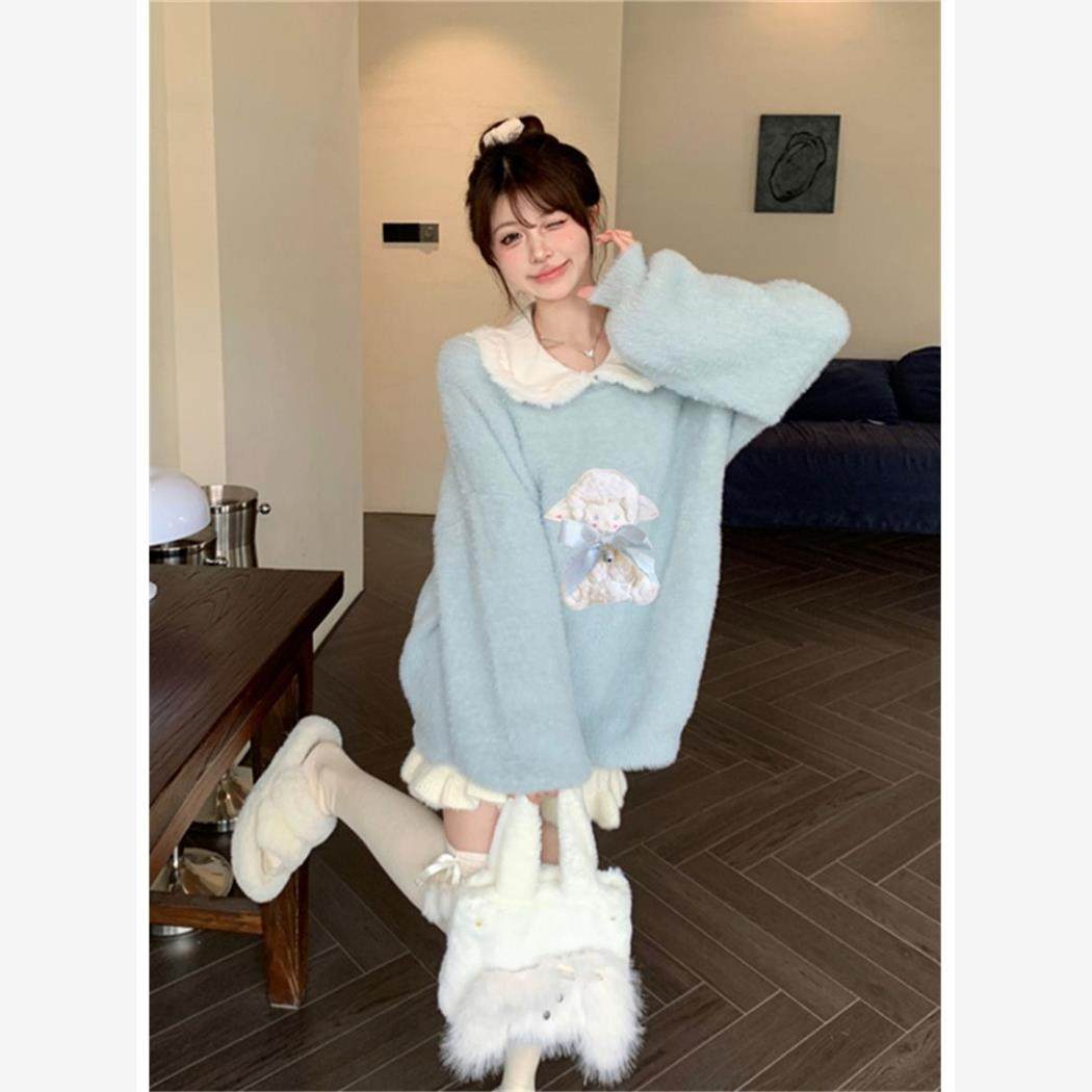 2024甜美奶蓝色仿貂毛娃娃领秋冬女套头毛衣上衣半身短裙软糯套装