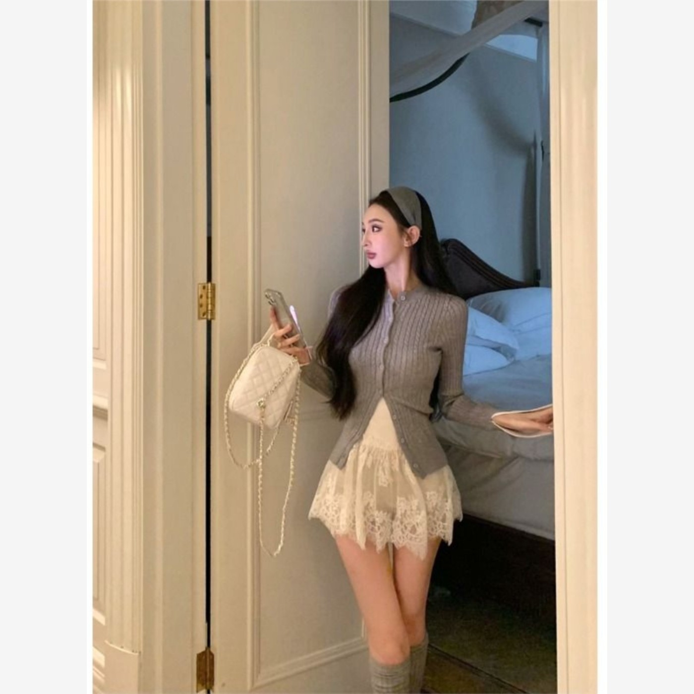 单/两件套韩版针织开衫女秋季打底衫显瘦上衣蕾丝拼接吊带连衣裙