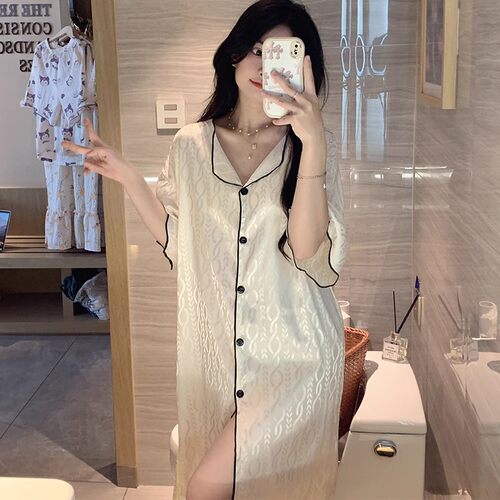 睡裙夏季女短袖甜美凉感冰丝绸睡衣女士夏天薄款宽松网红风家居服