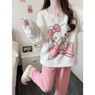 粉色睡衣女珊瑚绒可爱风KT猫秋冬季 冬天 法兰绒加厚保暖家居服套装