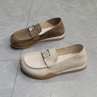 2026春秋季新款中口一脚蹬头层软牛皮圆头金属饰两穿低帮豆豆单鞋