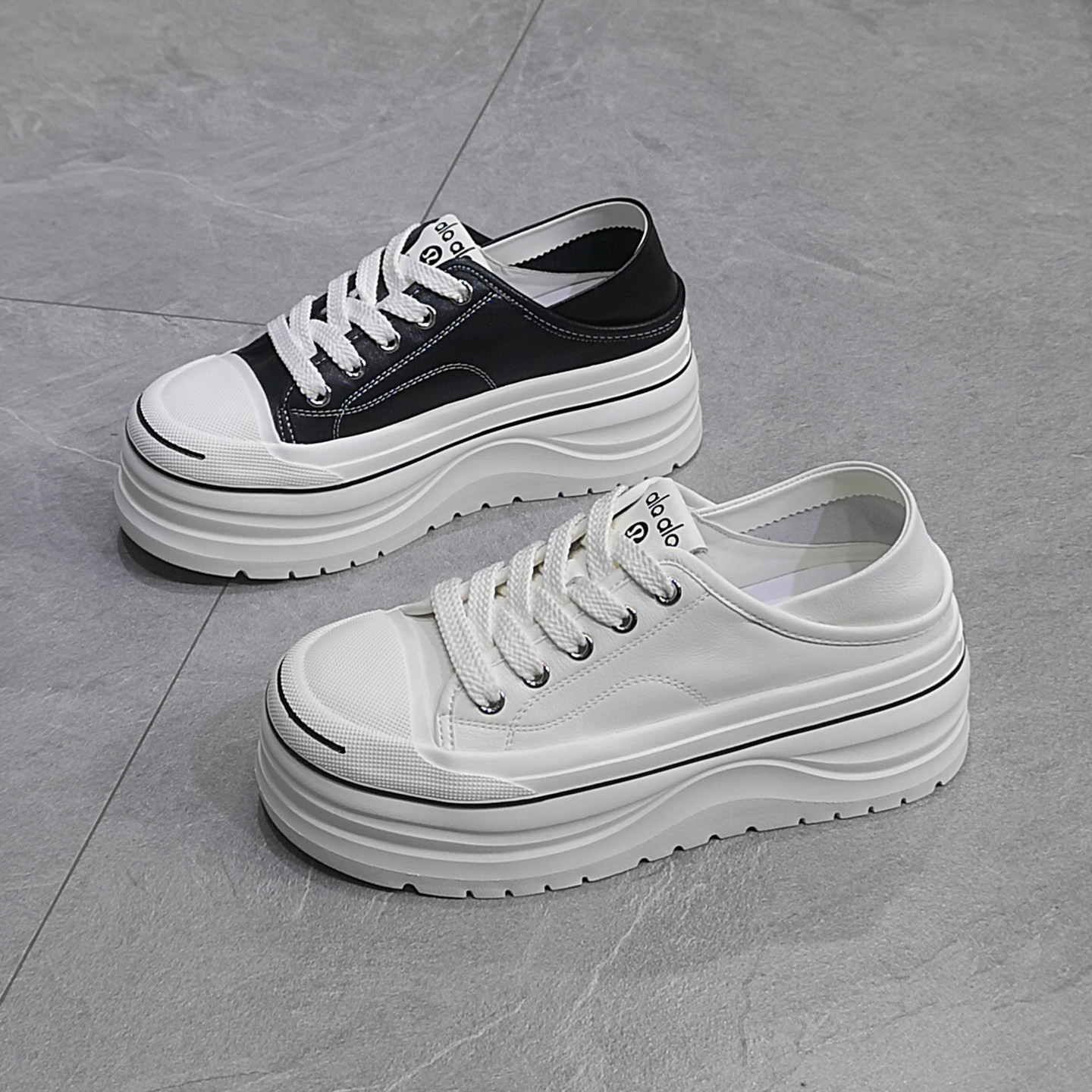 2026春季新款厚底圆头交叉绑带拼色低帮小白鞋女头层牛皮两穿单鞋