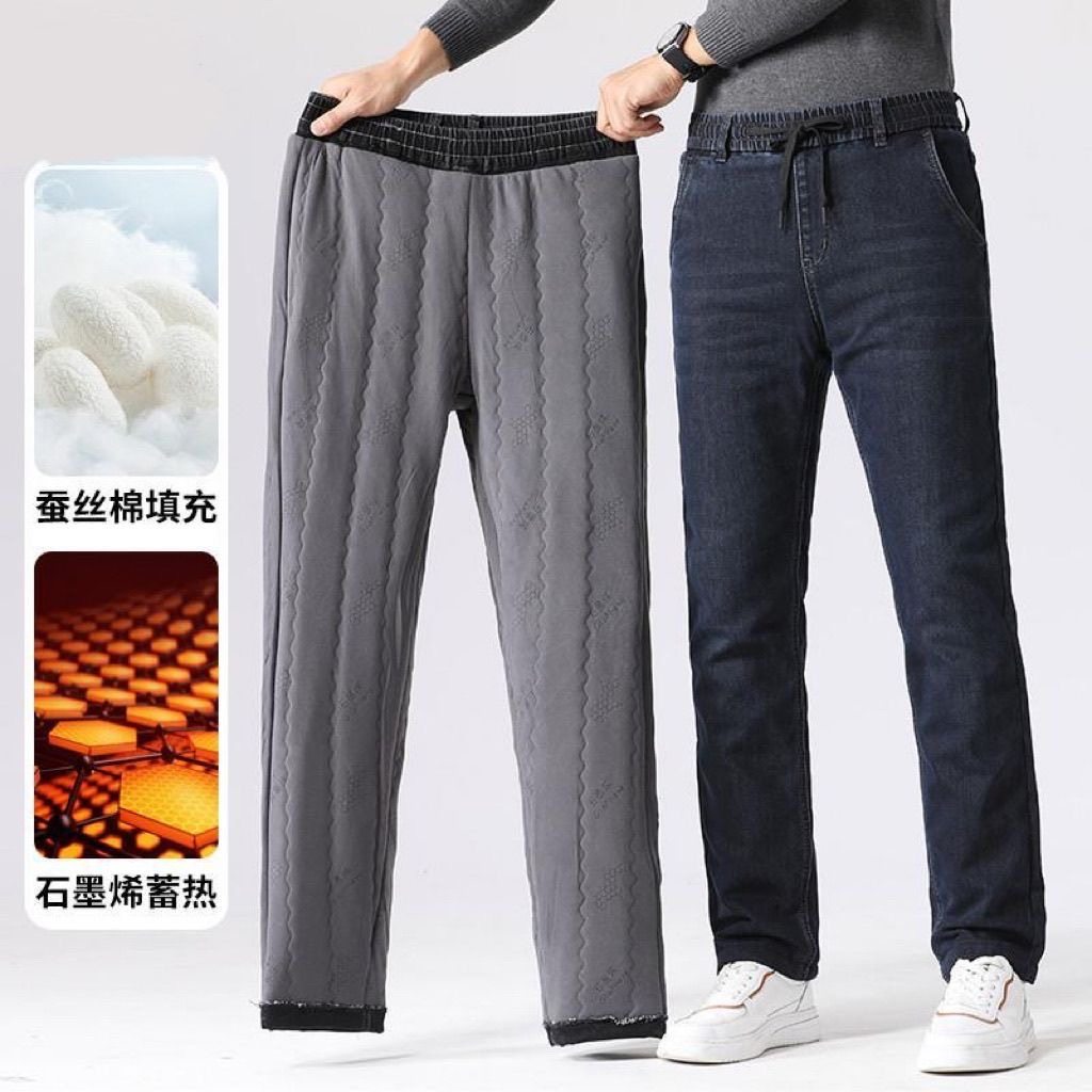 牛仔棉裤男外穿加绒加厚直筒保暖裤中青年休闲裤修身蚕丝棉裤加厚
