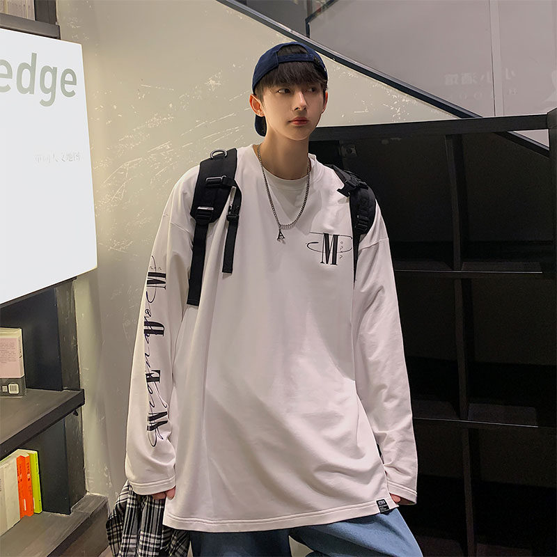 스포츠 문자 긴팔 티셔츠 남성 가을 겨울 홍콩 패션 브랜드 INS 탑 의류 2024 새로운 느슨한 바닥 셔츠